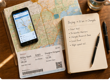 Map, train ticket, phone map, and notebook for an independent China route