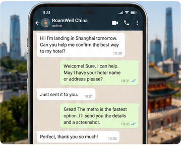 WhatsApp conversation showing local China travel support